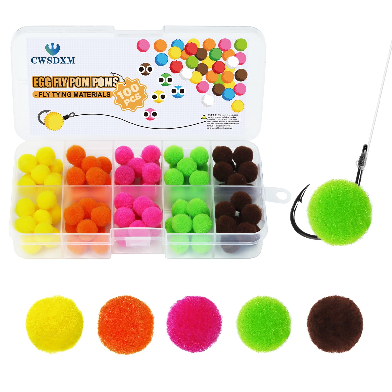 100 pcs Egg Flies Pom-poms DIY Fly Tying Materials Glo Bug Chenille Balls Fly Tying Fishing for Steelhead Trout Salmon