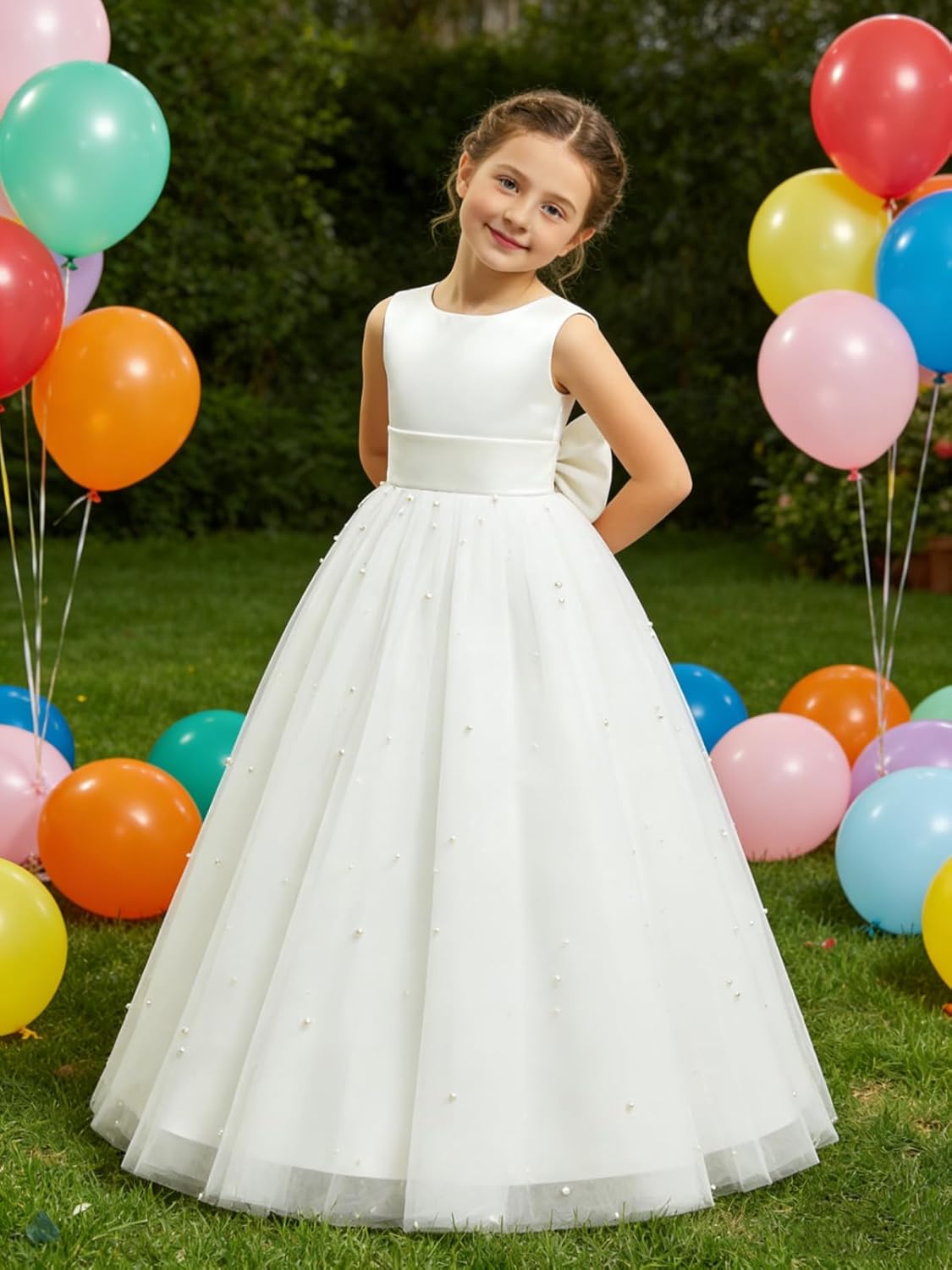 Flower Girl Dress for Wedding Pearls Tulle Dresses Kids Princess First Communion Pageant Party Satin Bowknot Gowns