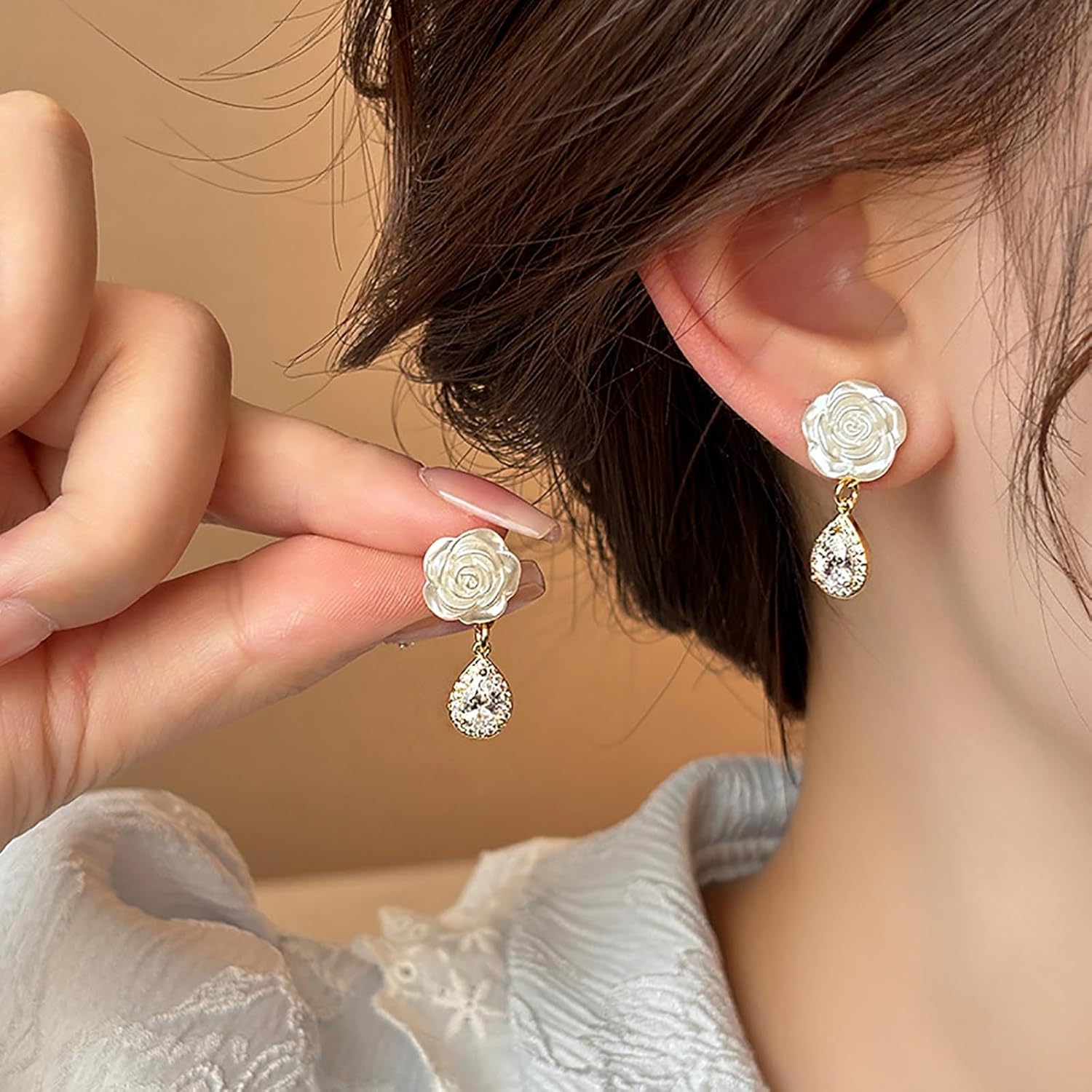 W WEILIRIAN Teardrop Crystal Dangle Earrings Boho Pearl Flower Earrings Flower Stud Earrings Sparkly Cz Earrings Rhinestone Pearl Bridal Wedding Earrings Jewelry - Image 7
