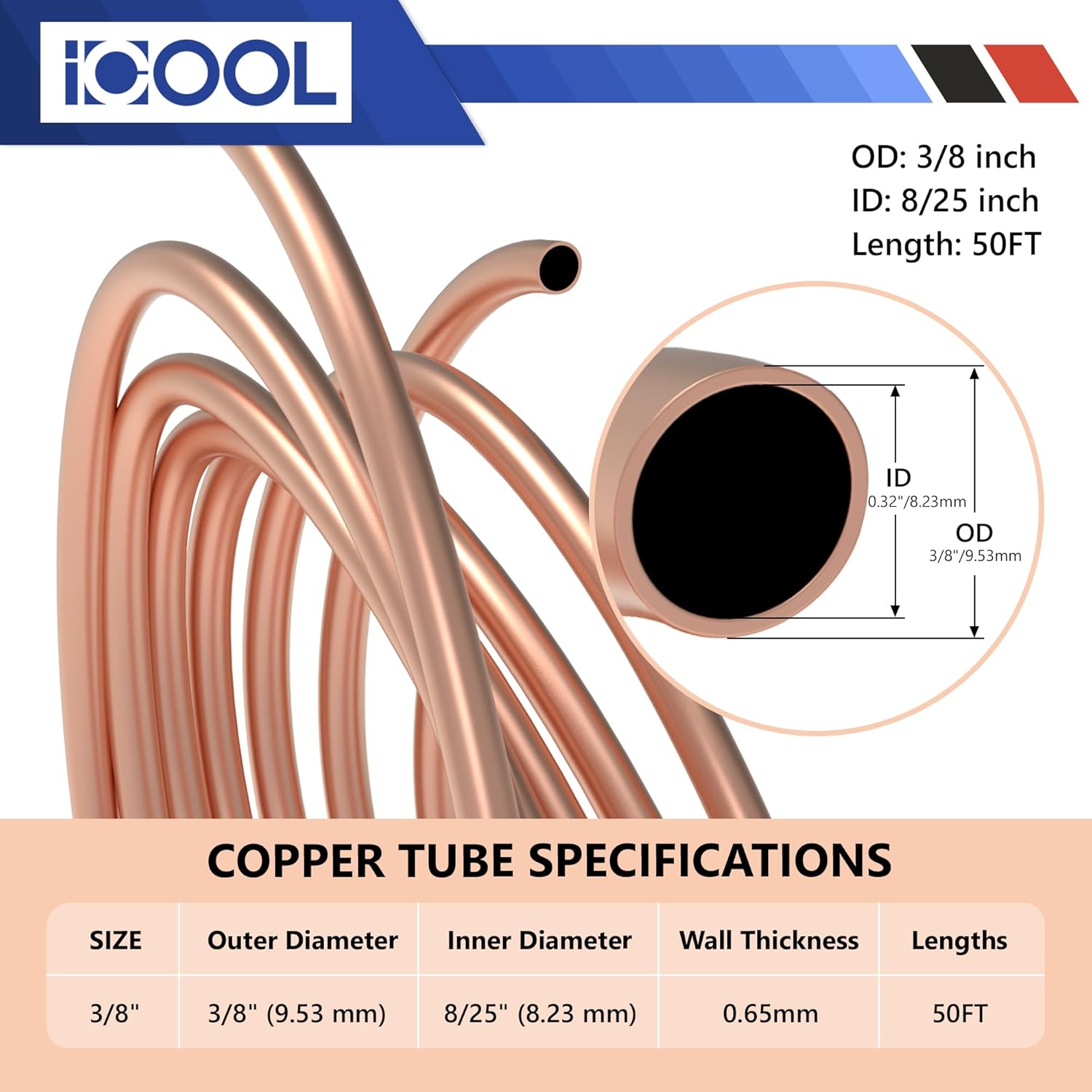 ICOOL 3/8" Copper Tubing 50 Ft - ASTM B743 Refrigeration Soft Coil Copper - 99.9% C12200 Pure ACR Tubing - Seamless Round for HVAC Refrigerator Industry DIY