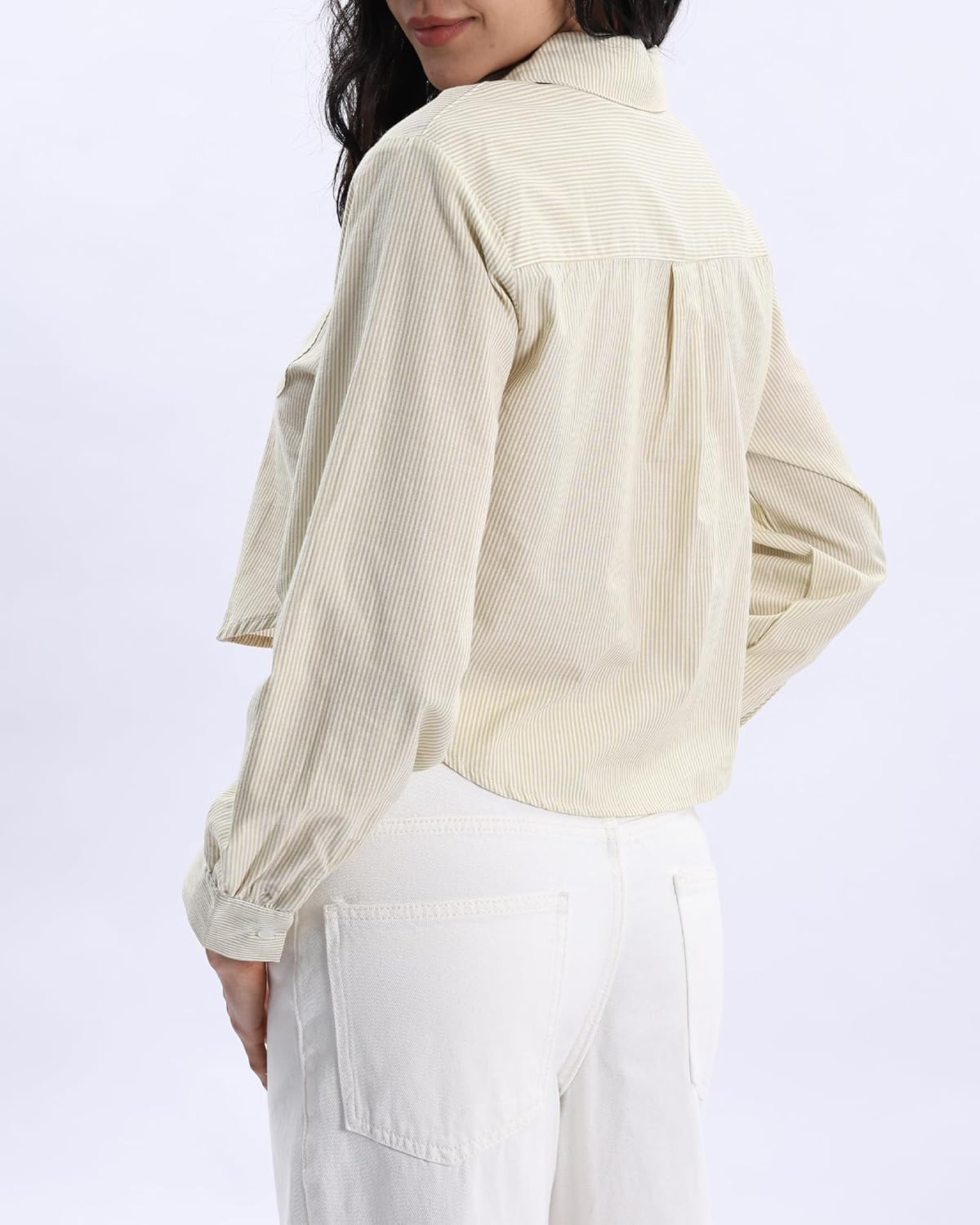 Xintianji Women's Cropped Striped Shirt Long Sleeves Button Down Blouse Collared Shirt - Image 5