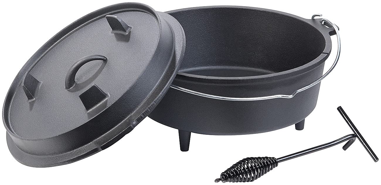 Rosenstein & Söhne Feuertopf: Dutch Oven aus Gusseisen mit Standfüßen, 2in1-Deckel & -Pfanne, 6 l (Gusseisen Kochtöpfe, Dutch Oven mit Füßen, Wok)