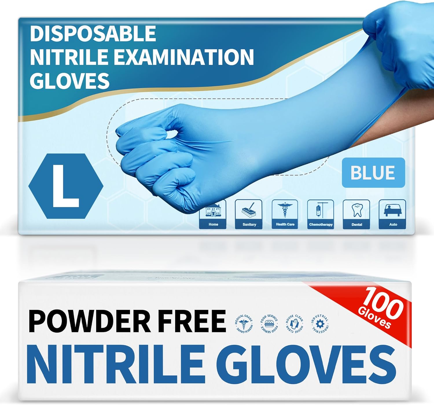 Product image of Medical Blue Nitrile Disposable Exam Gloves, 4.5 Mil 100 Pcs, Chemical Resistant Powder-Free Latex-Free Food-Safe