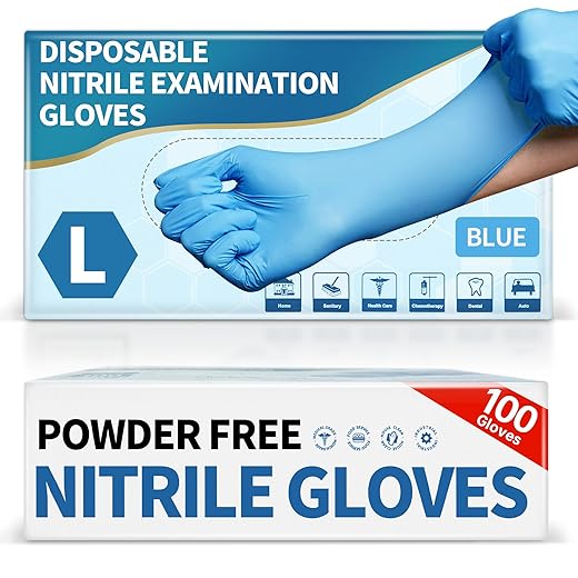 Medical Blue Nitrile Disposable Exam Gloves, 4.5 Mil 100 Pcs, Chemical Resistant Powder-Free Latex-Free Food-Safe