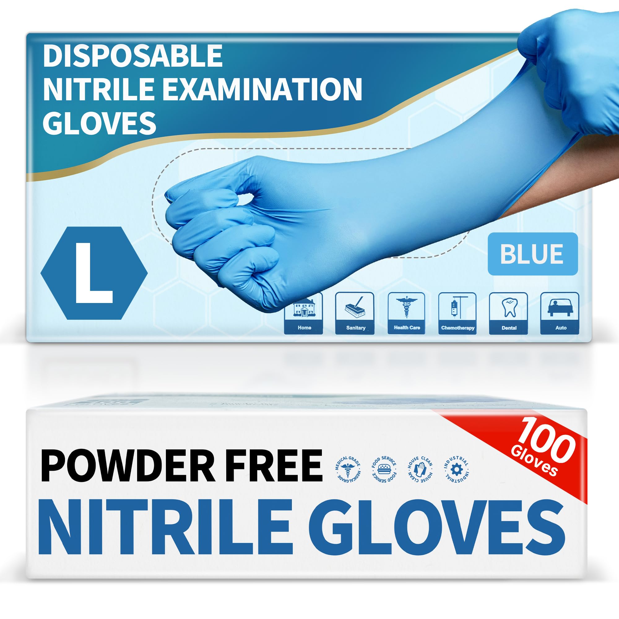 Medical Blue Nitrile Disposable Exam Gloves, 4.5 Mil 100 Pcs, Chemical Resistant Powder-Free Latex-Free Food-Safe