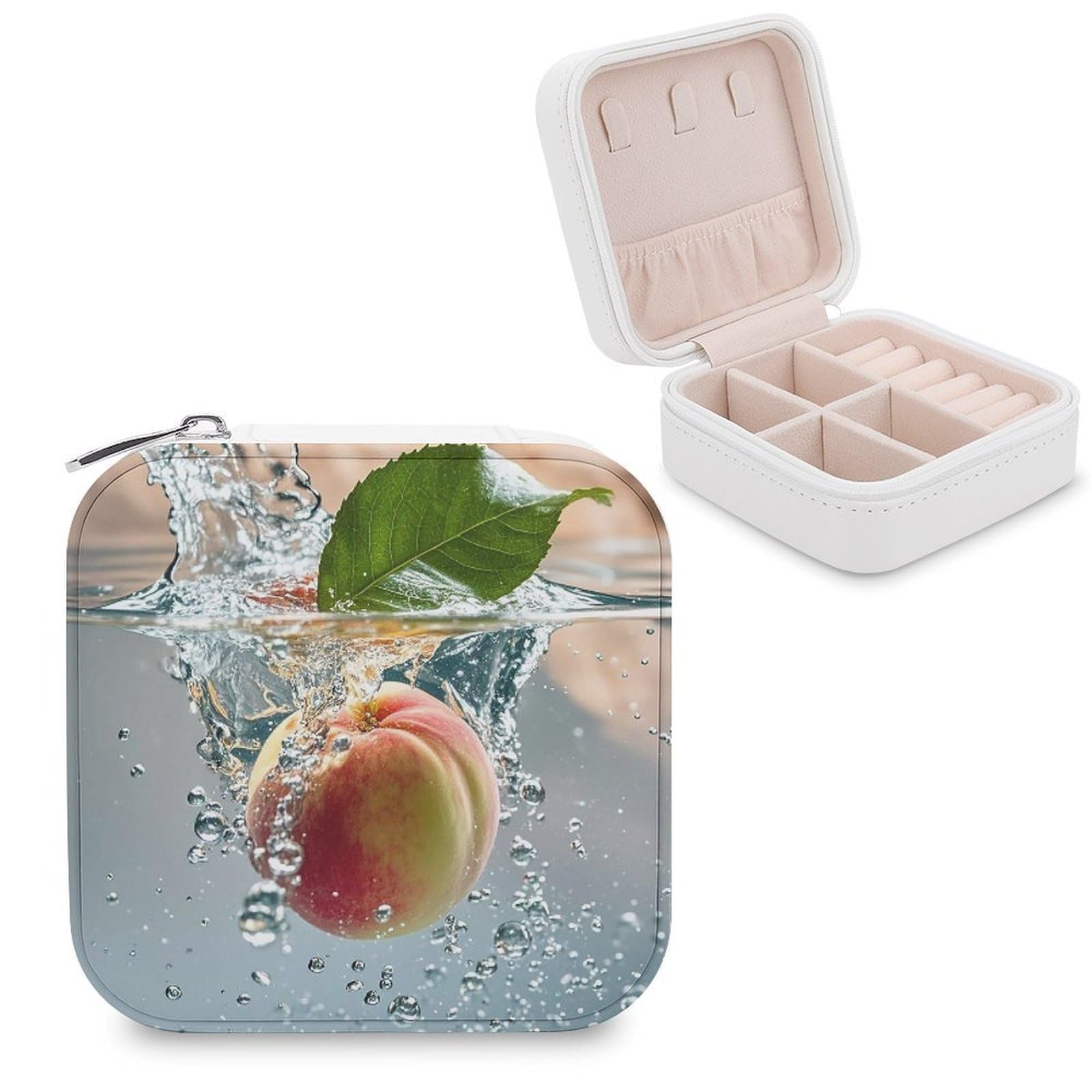 LZQPOEAS Peach Falling Into Water Jewelry Box Mini Jewelry Travel Case Trendy Stuff Ring Box Custom PU Leather Jewelry Boxes Portable Jewelry Case Earring Storage Organizer for Girls Women