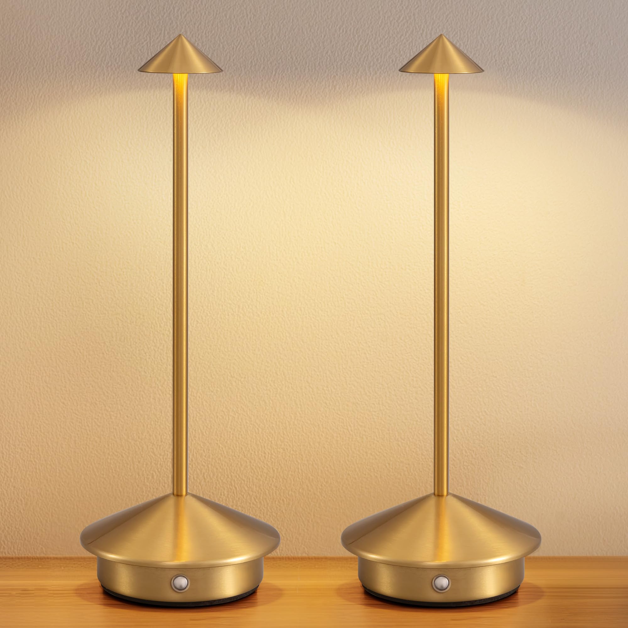 NEWSEE 2 Pack Mini Cordless Table Lamp, Portable LED Desk Lamp, 4000mAh Rechargeable Battery Powered Lighting, Stepless Dimming for Bedroom, Dining Room, Coffee Shop, Camping (Gold)