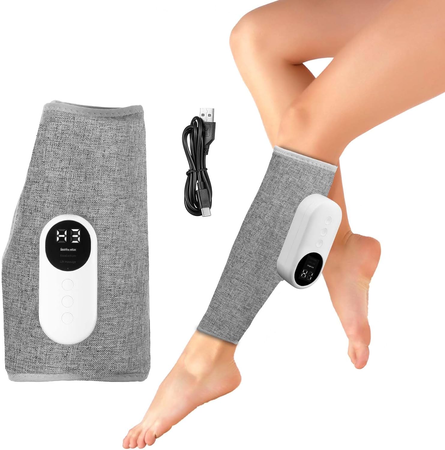 Masażer nóg, masażer łydek do krążenia i łagodzenia bólu, 3 poziomy intensywności, 3 tryby masażu, terapia cieplna, masażer kolana z ładowaniem USB typu C, bezprzewodowa konstrukcja, regulowany