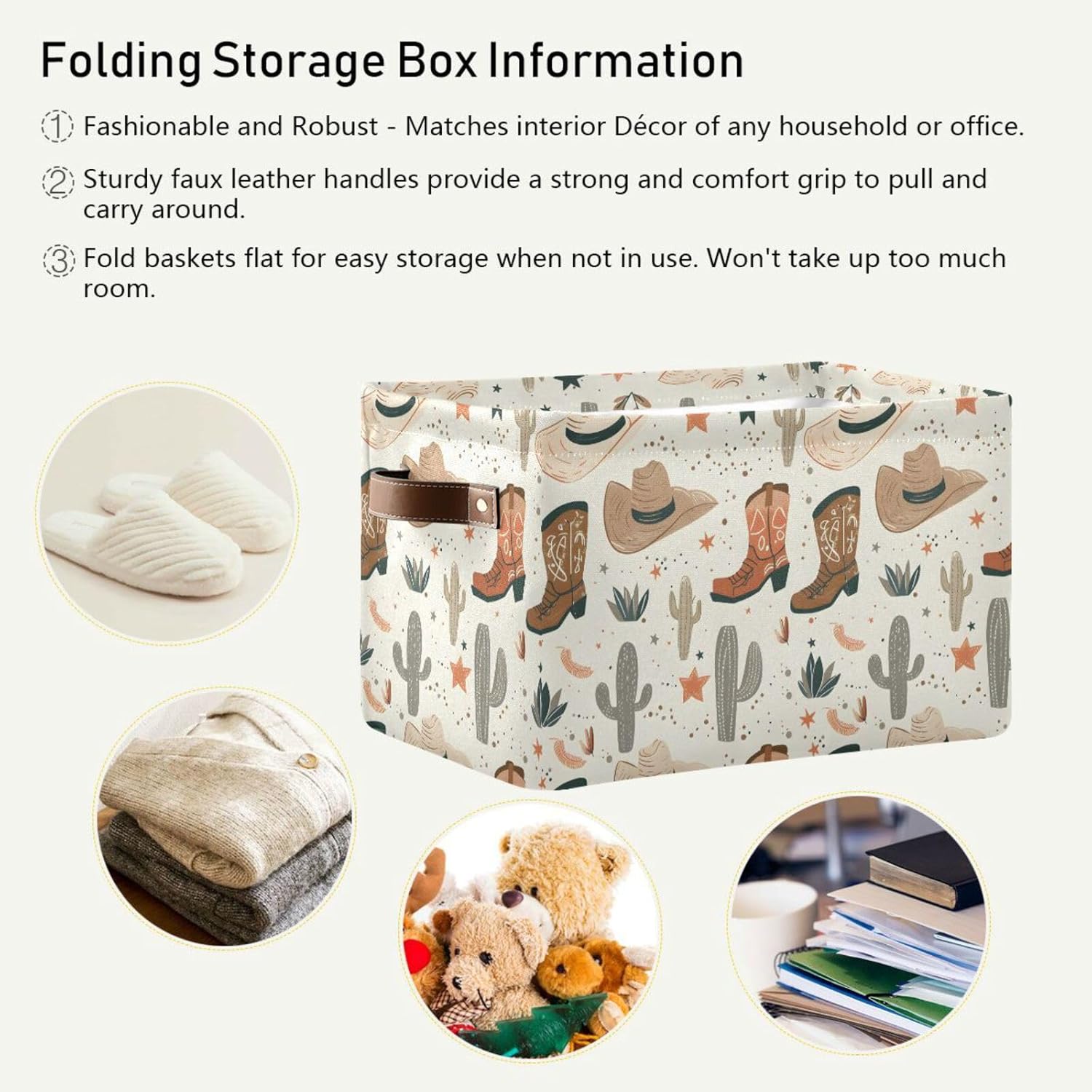 Foldable Storage Basket with Handles Cowboy Hats Fabric Kitchen Baskets Open Home Storage Bins Boxes Organizer Bag for Baby Cloth Pet Toy Book Shelf Closet Baskets 2 Pcs