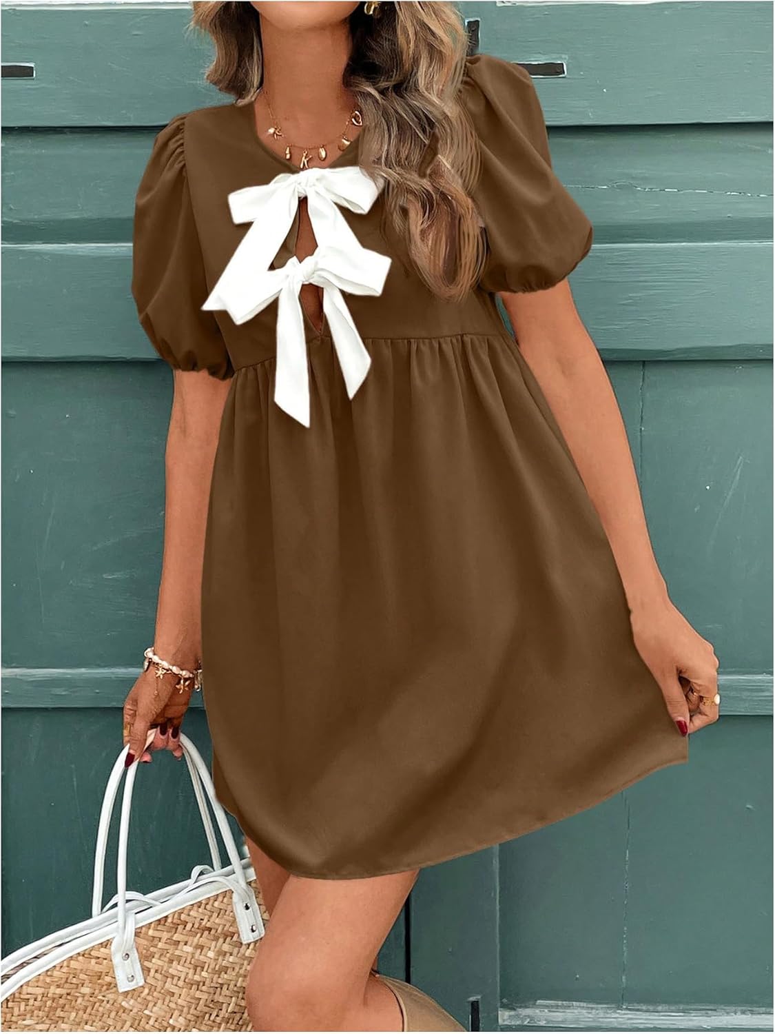 SweatyRocks Women's Bow Puff Short Sleeve Dress Tie Front A Line Babydoll Dresses - Image 5