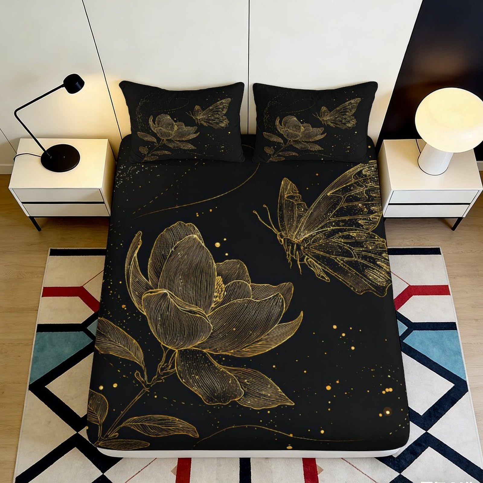 Pnayamiorkfel Style-1 3D Printed Golden Magnolia Fitted Sheet Microfiber Soft Butterfly Bed Cover Bedroom Decor Dustproof Washable 90X200x25cm