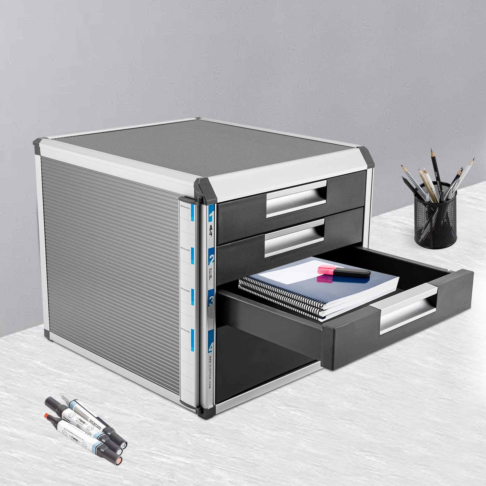 Schubladenbox Schubladen Bürobox 4 Fächer Ablagebox Organizerbox mit Schloss für A4 Papier 31.5 * 35 * 29.8cm