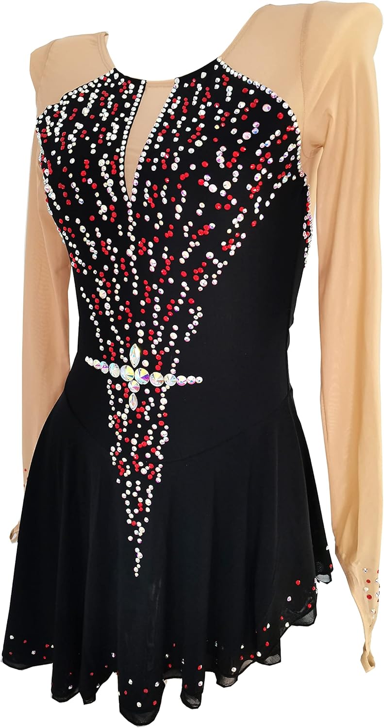 Ice Figure Skating Dress Girls Women Black Long Sleeve Diamond Competition Dress