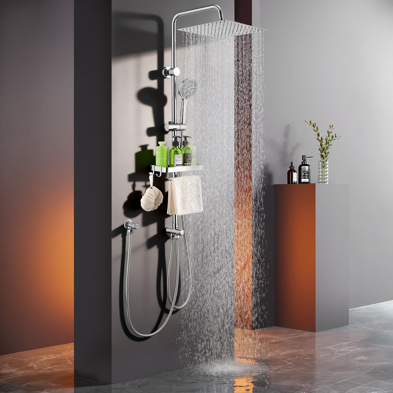 HOMELODY Regendusche ohne Armatur,Duschsystem Chrom mit 30*30cm Kopfbrause | 5 Strahlarten Handbraus,Aluminium Ablage,verstellbare Wandhalterung,2 PVC-Schläuche
