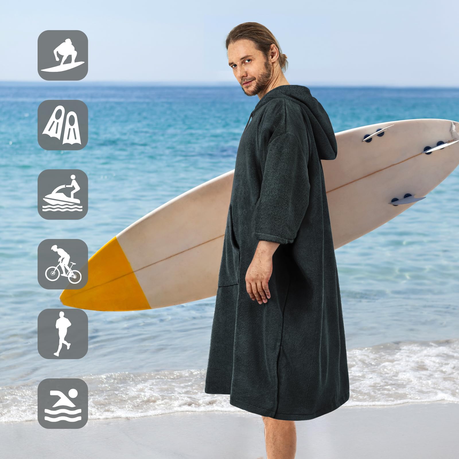 Poncho da surf, accappatoio con maniche a 3/4, extra large, spesso, con cappuccio, per uomo e donna, per spiaggia, nuoto, 109,2 x 89,9 cm, nero