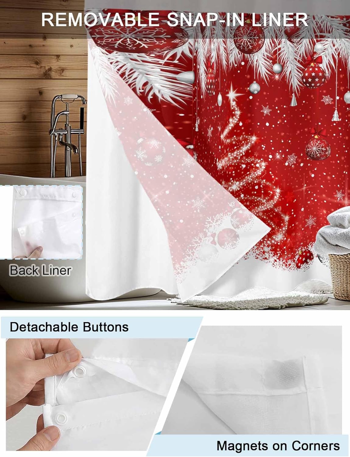 Christmas Shower Curtain with Snap-in Fabric Liner Set Red Christmas Balls No Hook Shower Curtain with Mesh Top Window Xmas Tree Pine Needle Shower Curtains Waterproof 36x72inch