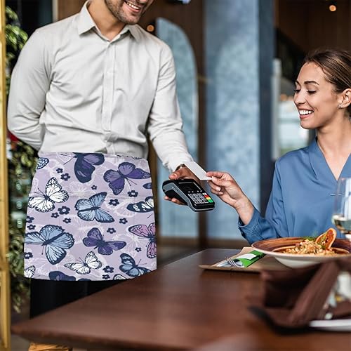 Miniatura 6 de Paquete de 3 delantales clásicos con patrón de mariposa y 3 bolsillos, impermeables, delantales de media cintura para mujer, para cocinar, lavar