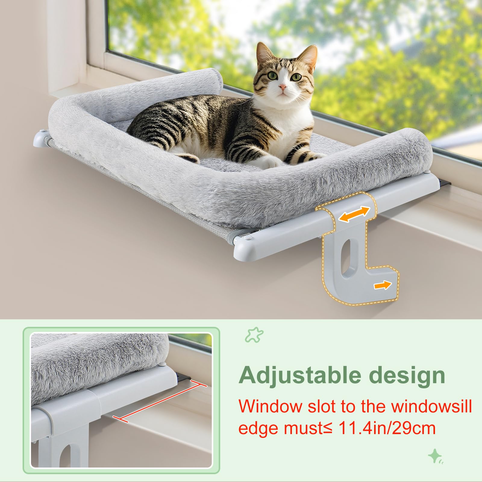 GUUSII HOME Cat Hammock Window Perch Seat Kitten Hanging Bed Windowsill for Indoor Large Pet Shelf Sturdy Kitty Lounger Washable Cushion Easy to Assemble No Drilling Hold 18kg 56 * 38cm(Grey - Image 2