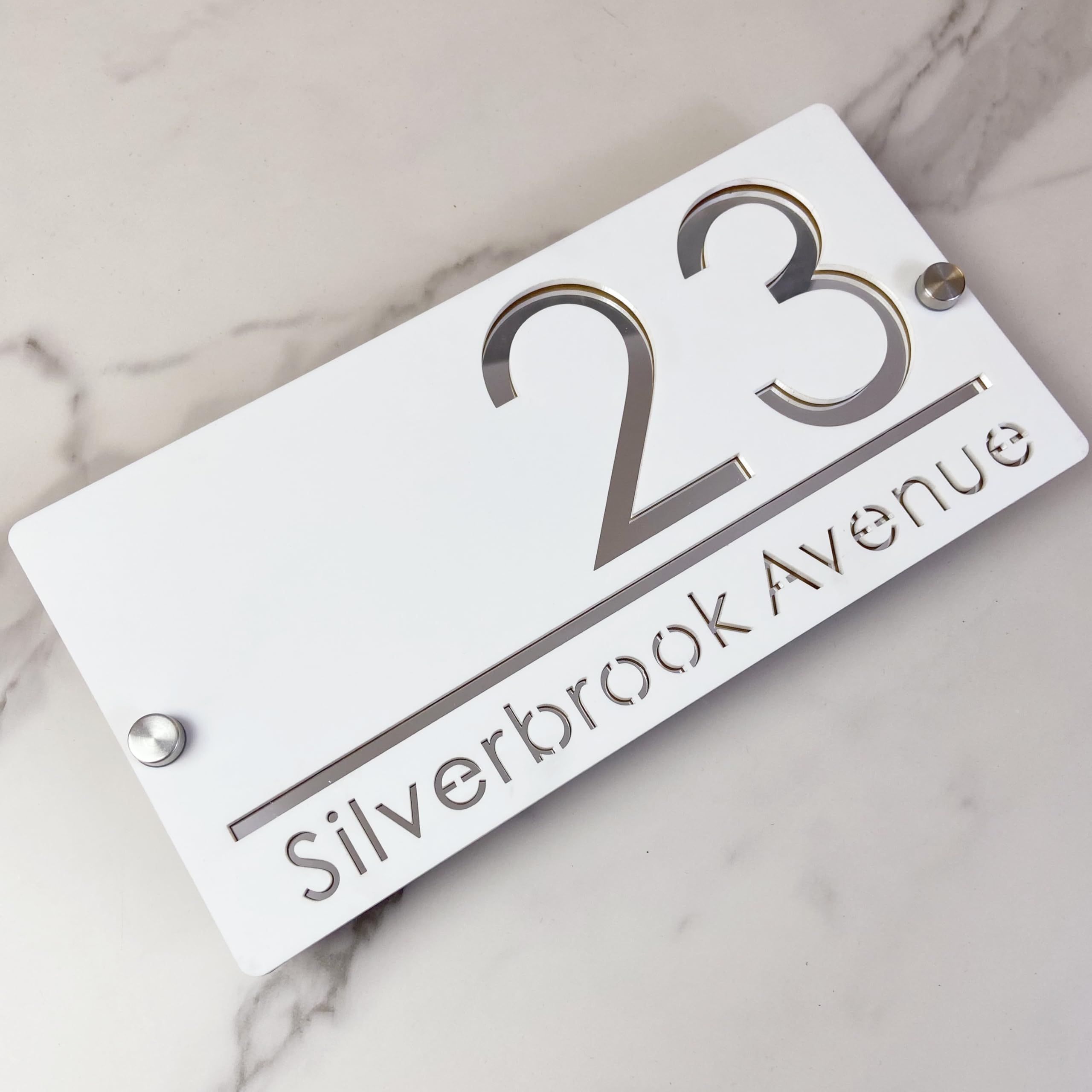 Outdoor House Number Plate, Suspended Design Custom House Number Plate, Modern Acrylic Laser Cut 3D Street Name Sign (White & Silver)