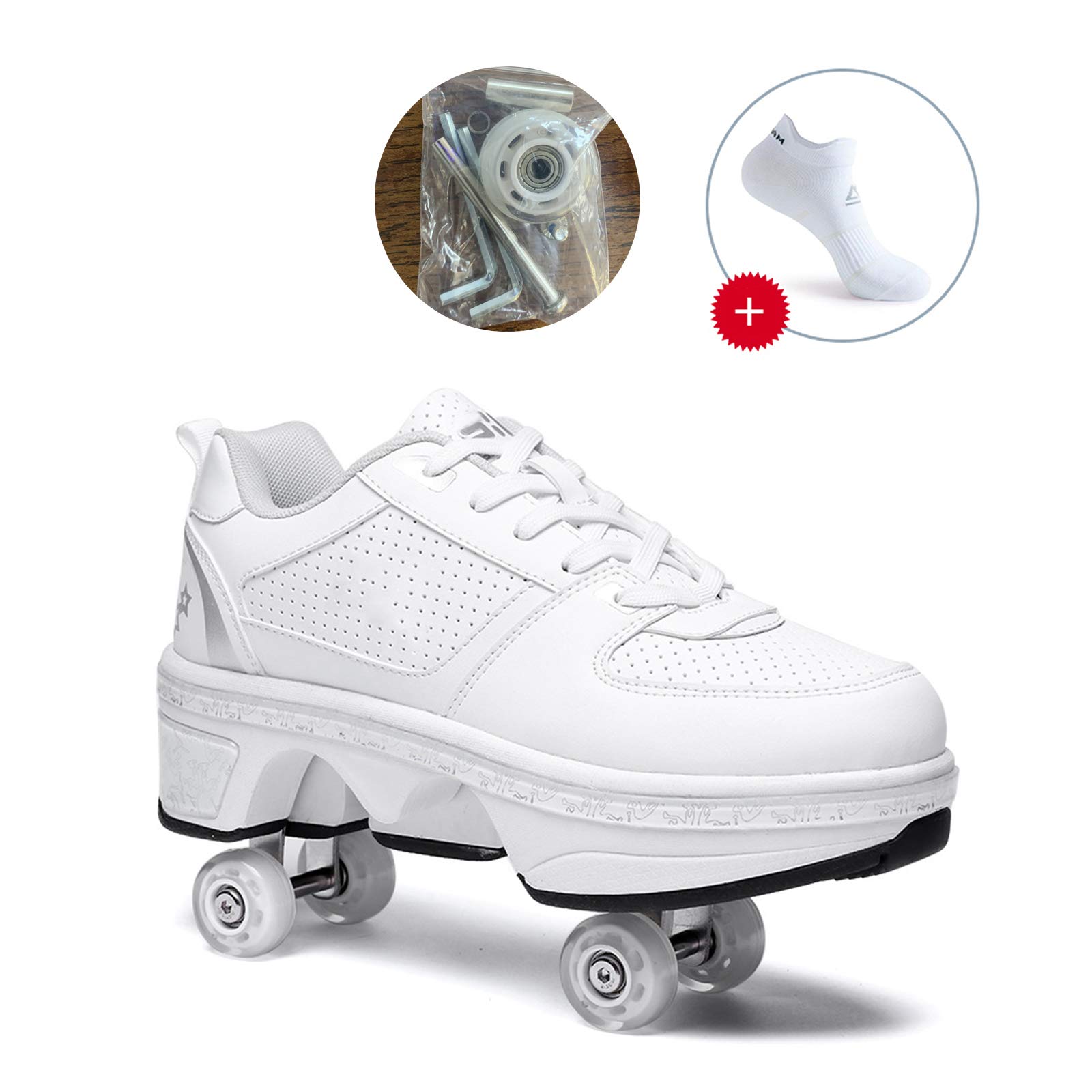 GKZJ Rolschaatsen met 4 verstelbare wielen, rolschoenen voor dames en heren, jongens, kinderen, wielschoenen, rolschoenen, voor unisex beginnerscadeau, wit-EUR33