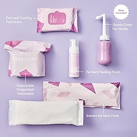 Frida Mom 11pc Postpartum Essentials Kit Gift Set, Hospital Bag Must Haves for New Mom, Includes 4 Disposable Postpartum Underwear, 4 Ice Maxi Pads, Perineal Healing Foam & 24 Pad Liners & Peri Bottle