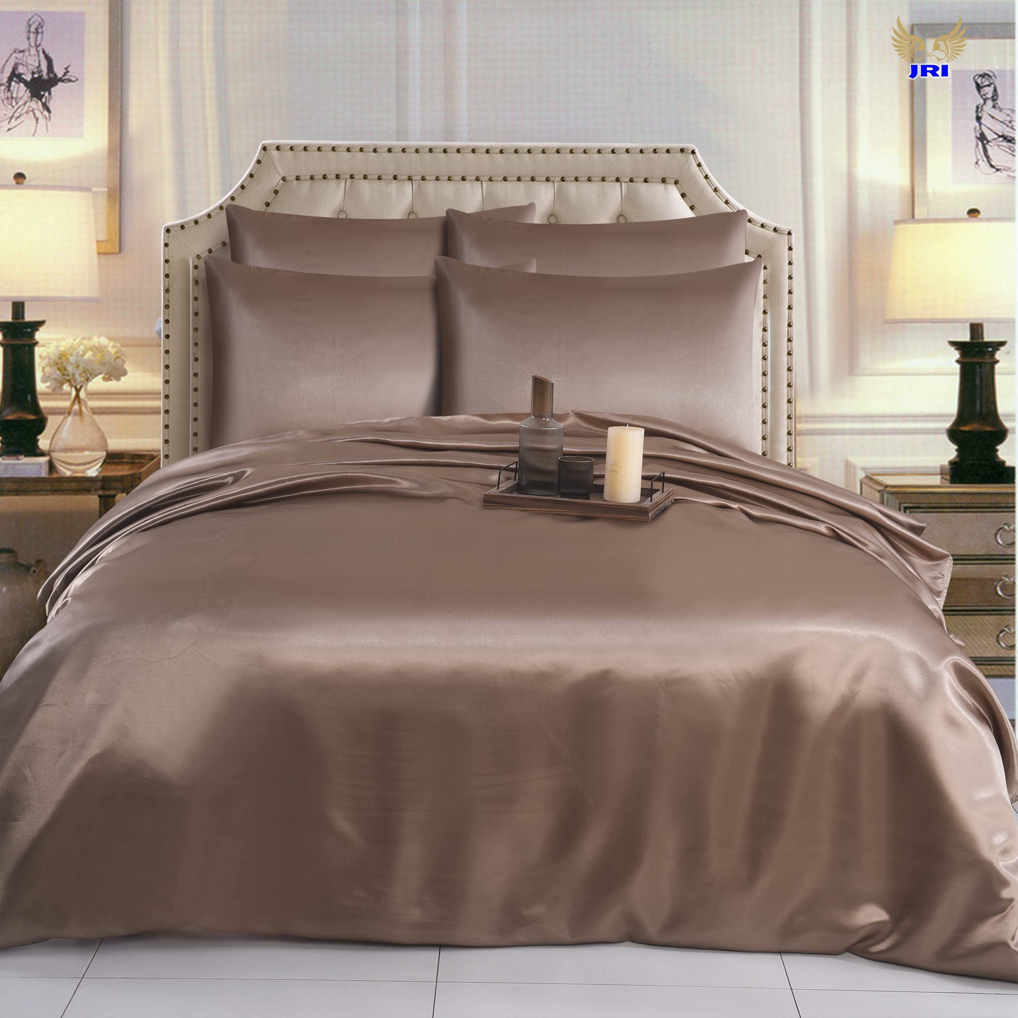 6PCS Satin Duvet Cover Bedding Set Plain Luxury Soft Bed Set Include (1xDuvet Cover, 1xFitted Sheet, 4xHousewife Pillow Case) (Double, Mink)-(Same Day Dispatch) — image 1