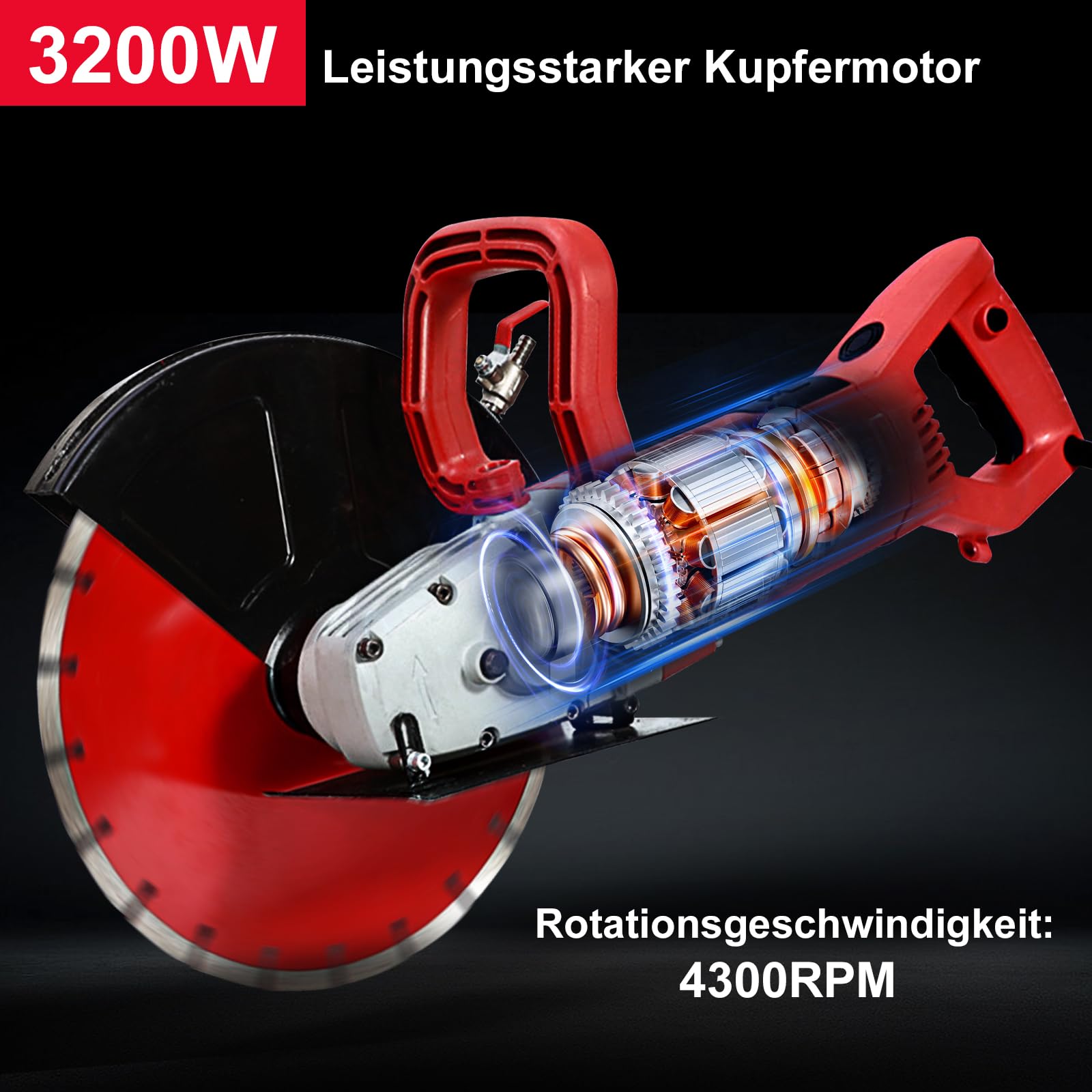 HYCHIKA 3200W Elektrische Betonsäge, 4300RPM Motor Kreissäge, 305mm Betonschneider, Nass-Scheibensäge, Steinsäge Nassschneider Pflastersteine, inkl. Wasserleitung und Pumpe, für Stein, Ziegel, Holz