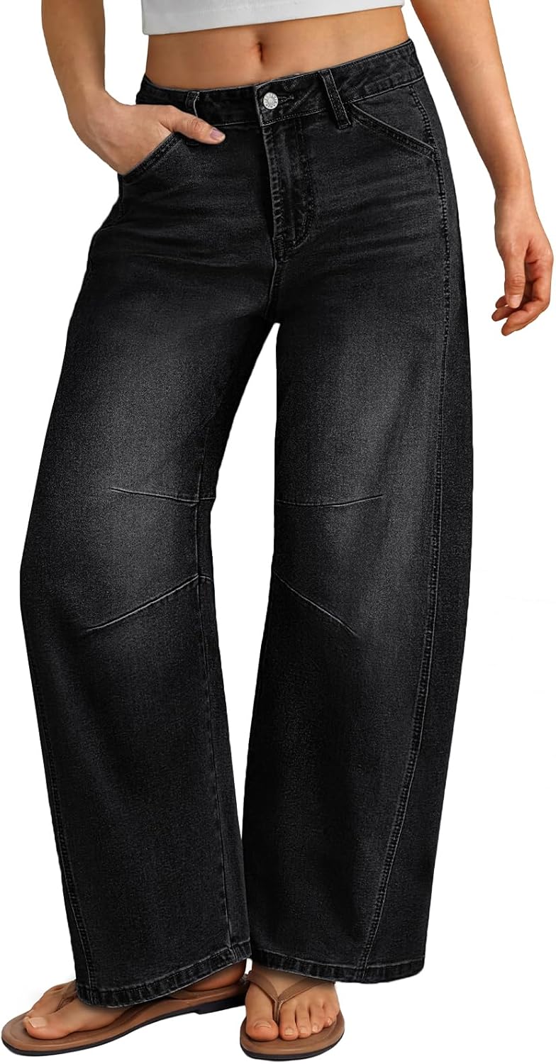 Trendy Queen Women‘s Barrel Jeans - Wide Leg & High Waisted Denim Pants with Curved Hem and Slant Pockets