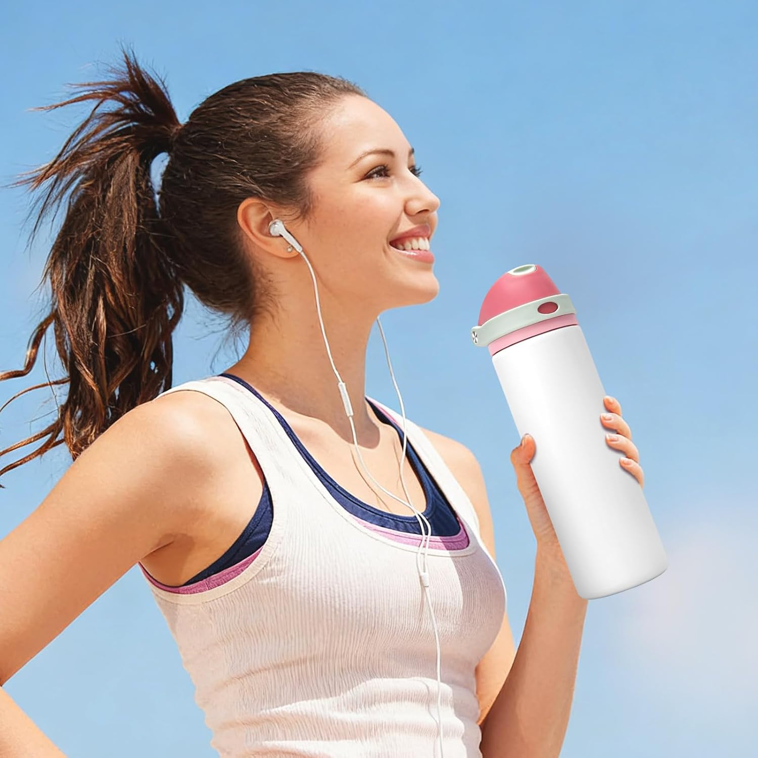 24 oz Insulated Water Bottle with Straw,Stainless Steel Leak Proof Water Bottle,2-in-1 Lid with One-Touch Flip Lid & Straw,Keep Cold All Day for School,Travel,Gym,Camping,Sports,White - Image 2