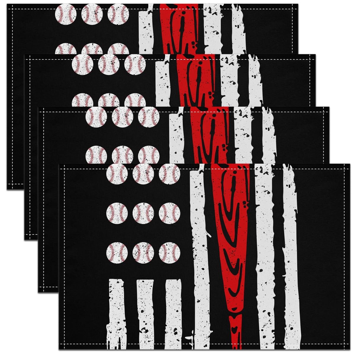 Kids Baseball Placemats Set of 4 3D Baseball Sports Teen Table Mats Placemat Set for Boys Girls Game Red White Blue Vintage Decor 45X30cm