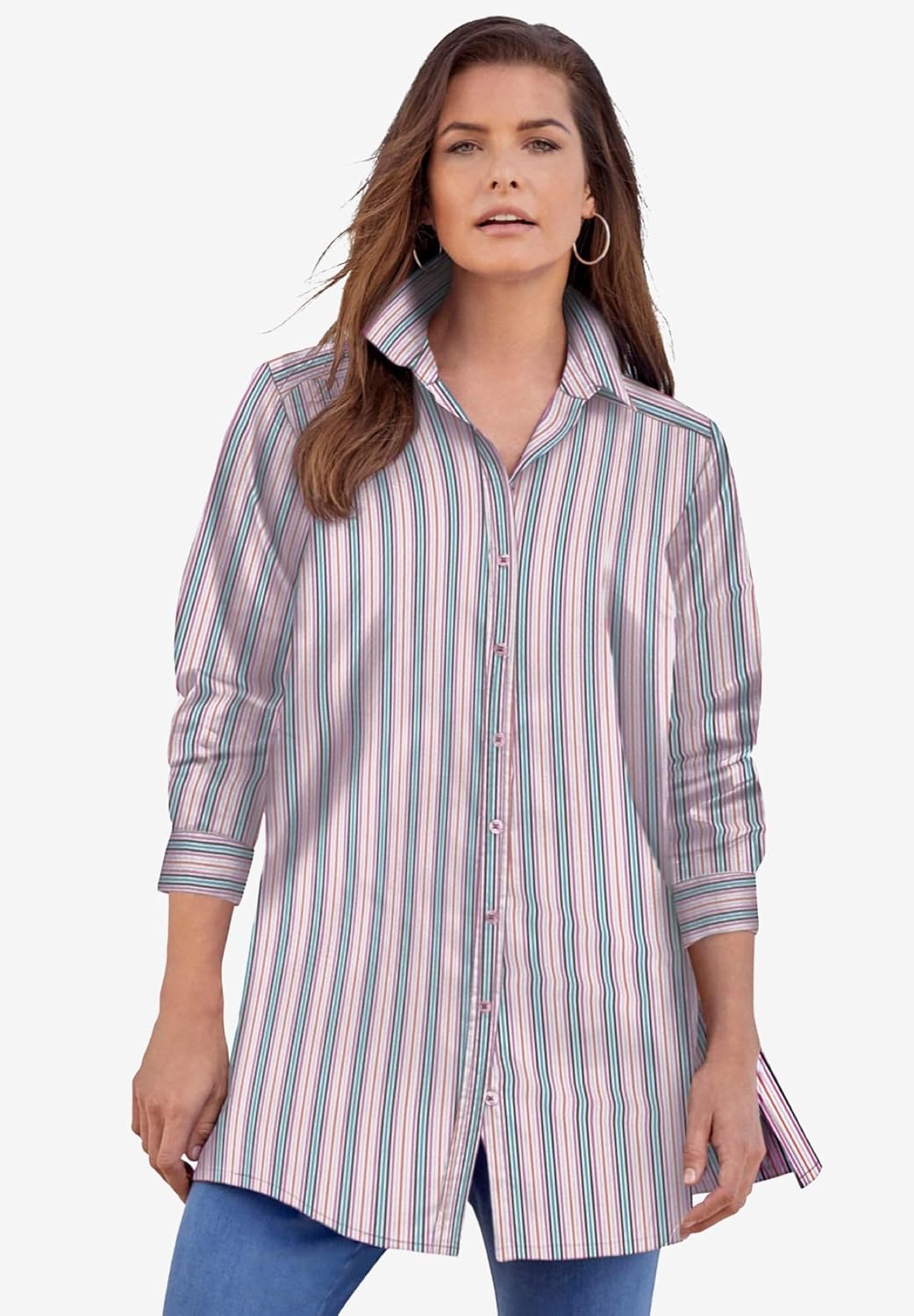 Roaman's Women's Plus Size Kate Long-Sleeve Crisp Cotton-Blend Button-Front Tunic