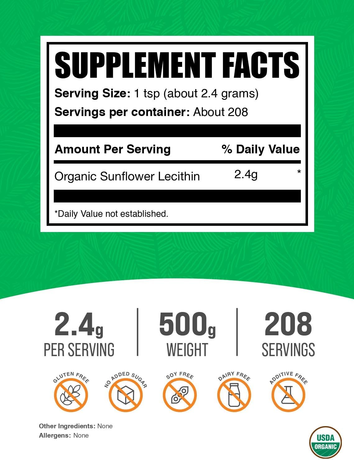 BulkSupplements.com Organic Sunflower Lecithin Powder - Sunflower Lecithin Supplement, Nutritional Supplement, Food Grade - Vegan & Gluten Free, 2.4g per Serving, 500g (1.1 lbs) (Pack of 1)