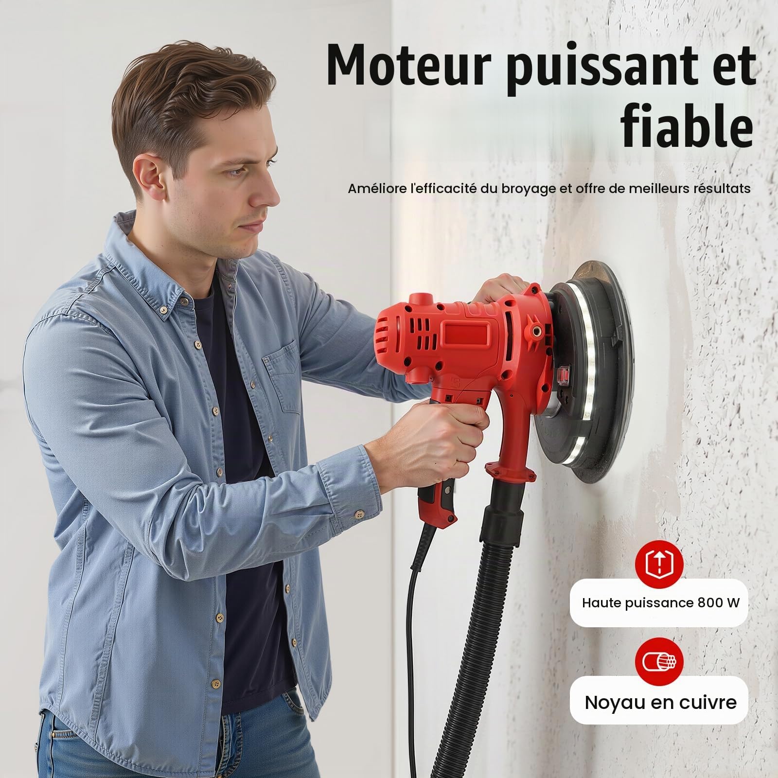 Ponceuse de construction sèche, ponceuse murale et plafond 1200 W avec éclairage LED, ponceuse murale pour murs en plâtre, murs en mastic, murs en ciment blanc