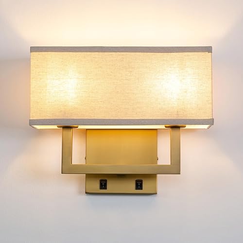 Yosoan Lámpara de pared bohemia de tela de lino con interruptor de encendido y apagado, 2 luces, acabado de latón cableado, lámpara industrial