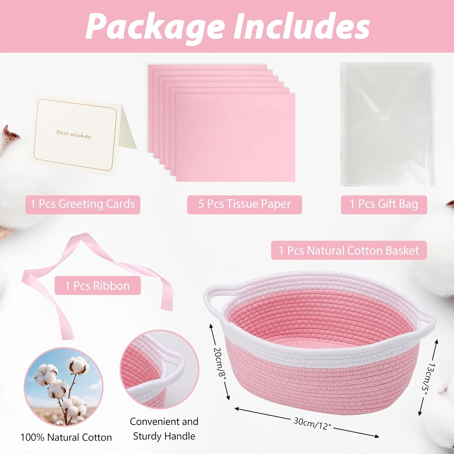 woric Baby Gifts Basket Woven Basket Rope Baskets for Wedding Gifts Empty Baby Shower Toy Storage Girls Birthday Graduation Decor (Pink 12"X 8" X 5" with Gift Bag Card Ribbon Tissue Paper)