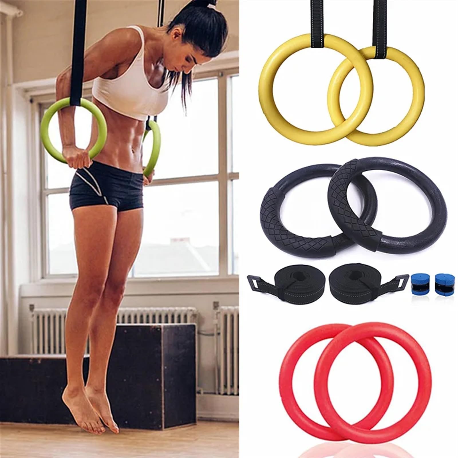 Anelli Ginnastica Anello da Ginnastica Professionale for trazioni con Cinturino Regolabile for Allenamento in Palestra a casa, Allenamento Muscolare e di Forza(Yellow with Strap)
