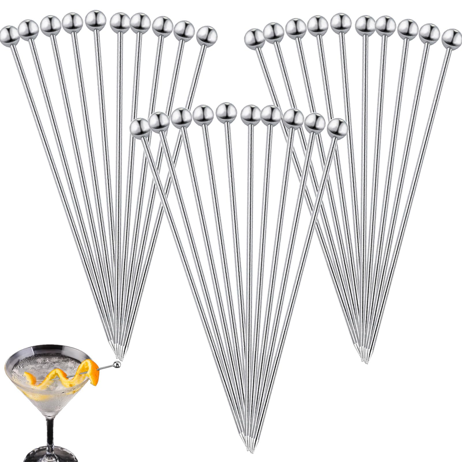 30Pcs Reusabl Metal Steel Cocktail Sticks Olive Picks for Cocktail Party