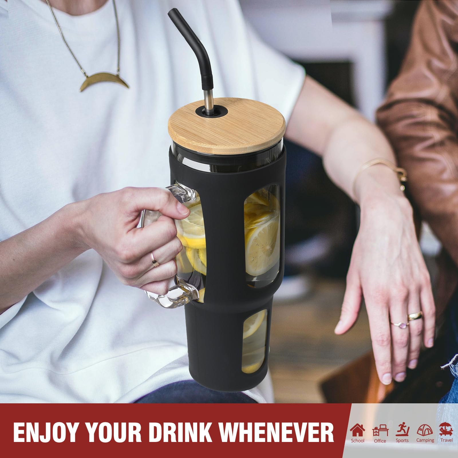 BLUEGO Glass Tumbler with Lid and Straw, 1400ml Iced Coffee Cup with Handle, Borosilicate Water Bottles with Silicone Sleeve - Image 4