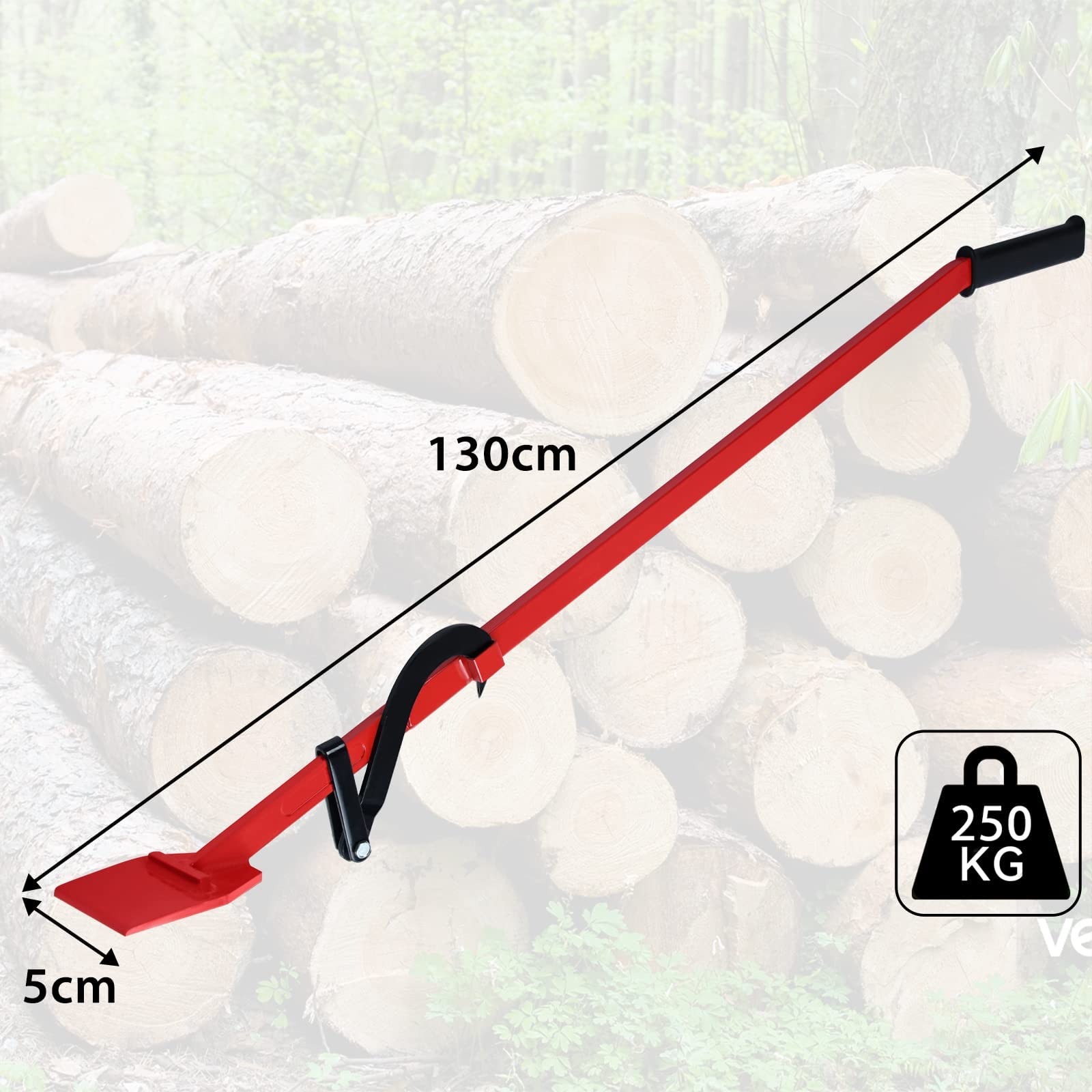LZQ Lève-abattage professionnel pour charges lourdes - 130 cm - Avec crochet réversible - Charge maximale : 250 kg - Accessoire forestier pour le travail du bois