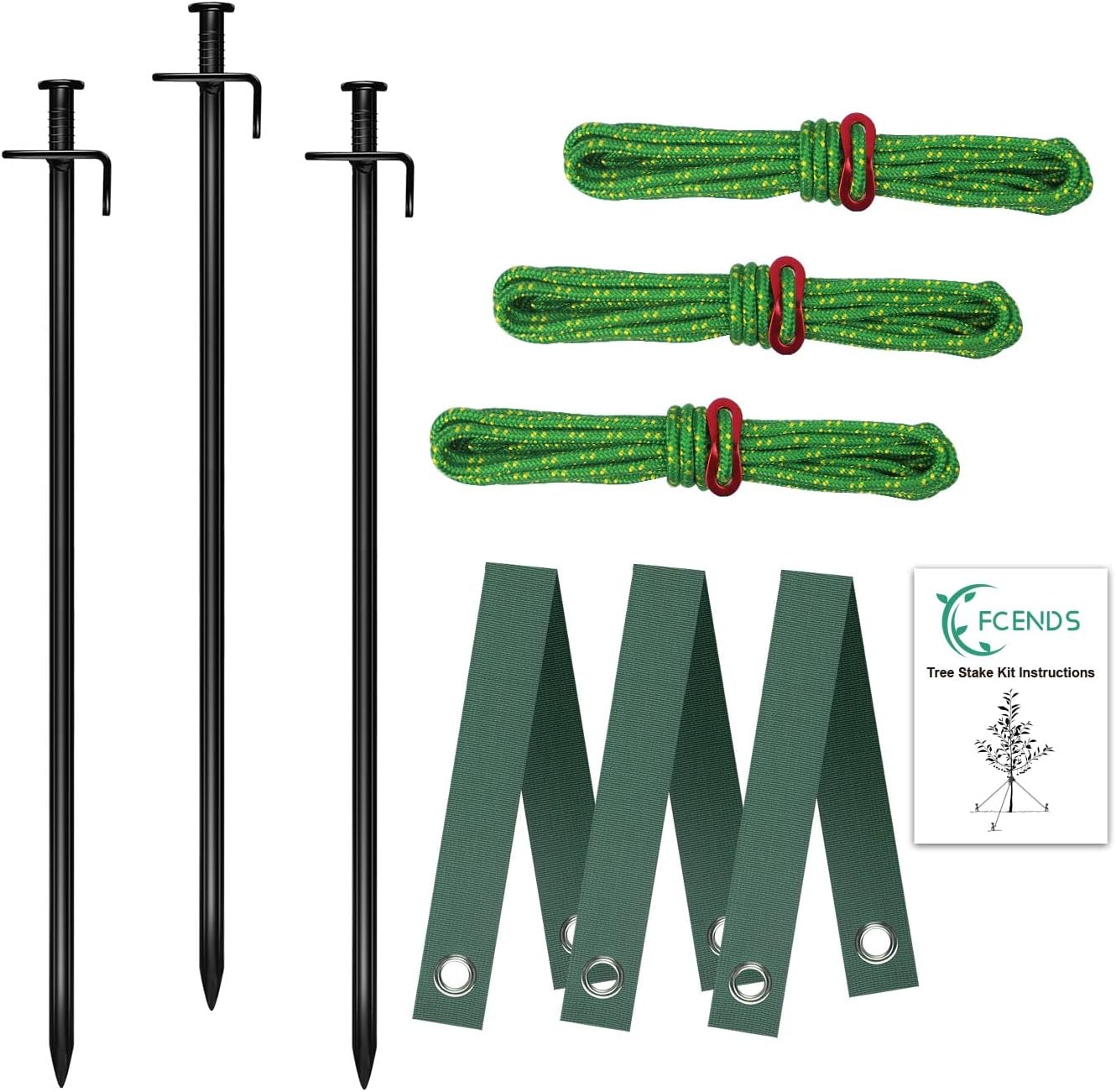 Tree Stake Kit, Heavy Duty Anchor Support for Young Trees in Bad Weather, Includes 3 Tree Straps, 3 Metal Stakes (11.8 in), and 3 Ropes