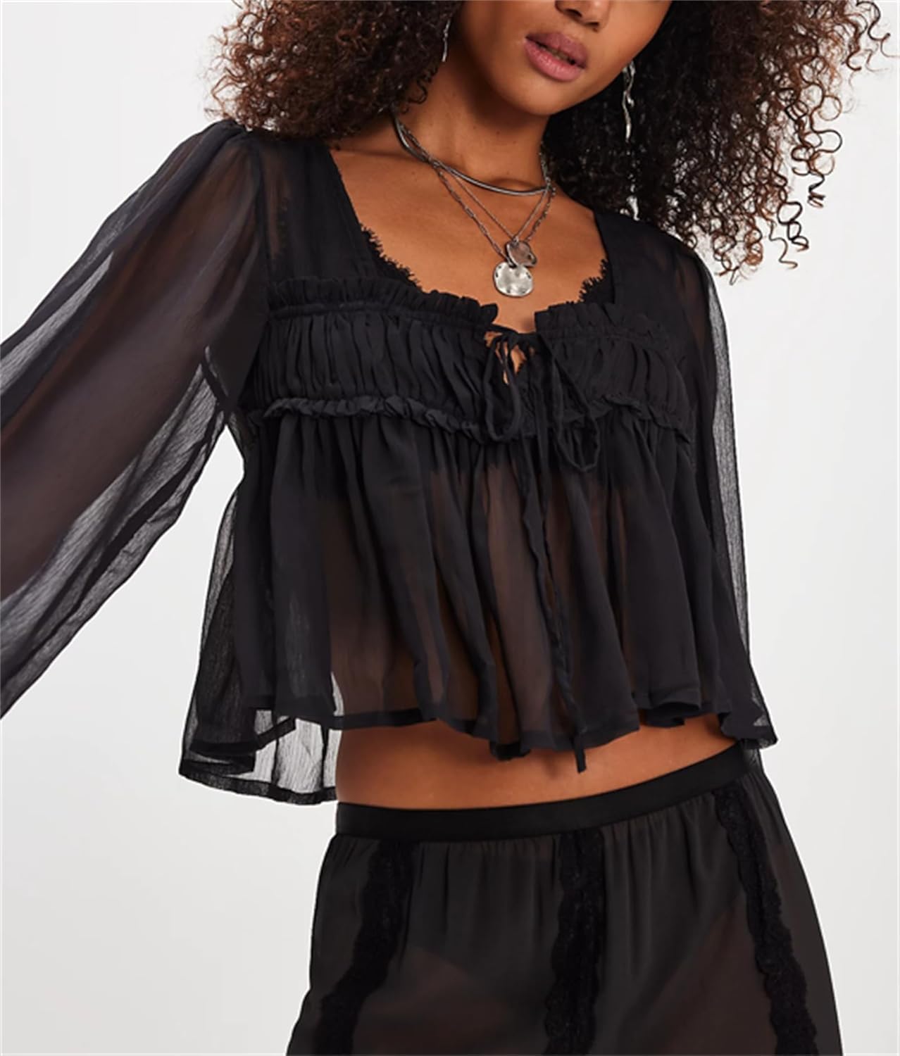 Women Mesh Sheer Shirt Poncho Tops Long Sleeve Ruffle Hem See Through Casual Chiffon Blouse Y2k Going Out Tops - Image 4