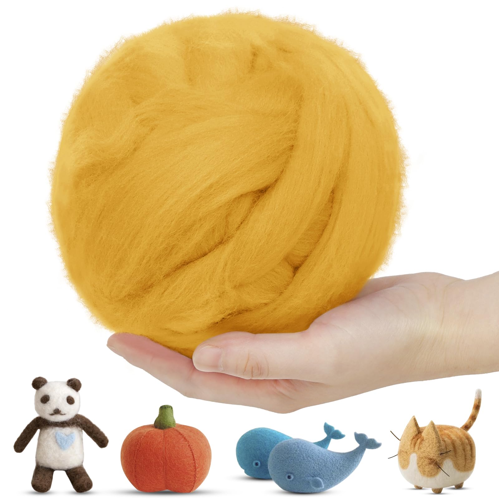 LEREATI Wool Roving for Needle Felting, 200g Felting Wool Yarn Needle Felt Wool Chunky Yarn, Core Wool for Needle Felting, Hand Spinning, Wet Felting, DIY Handcrafts (Golden)