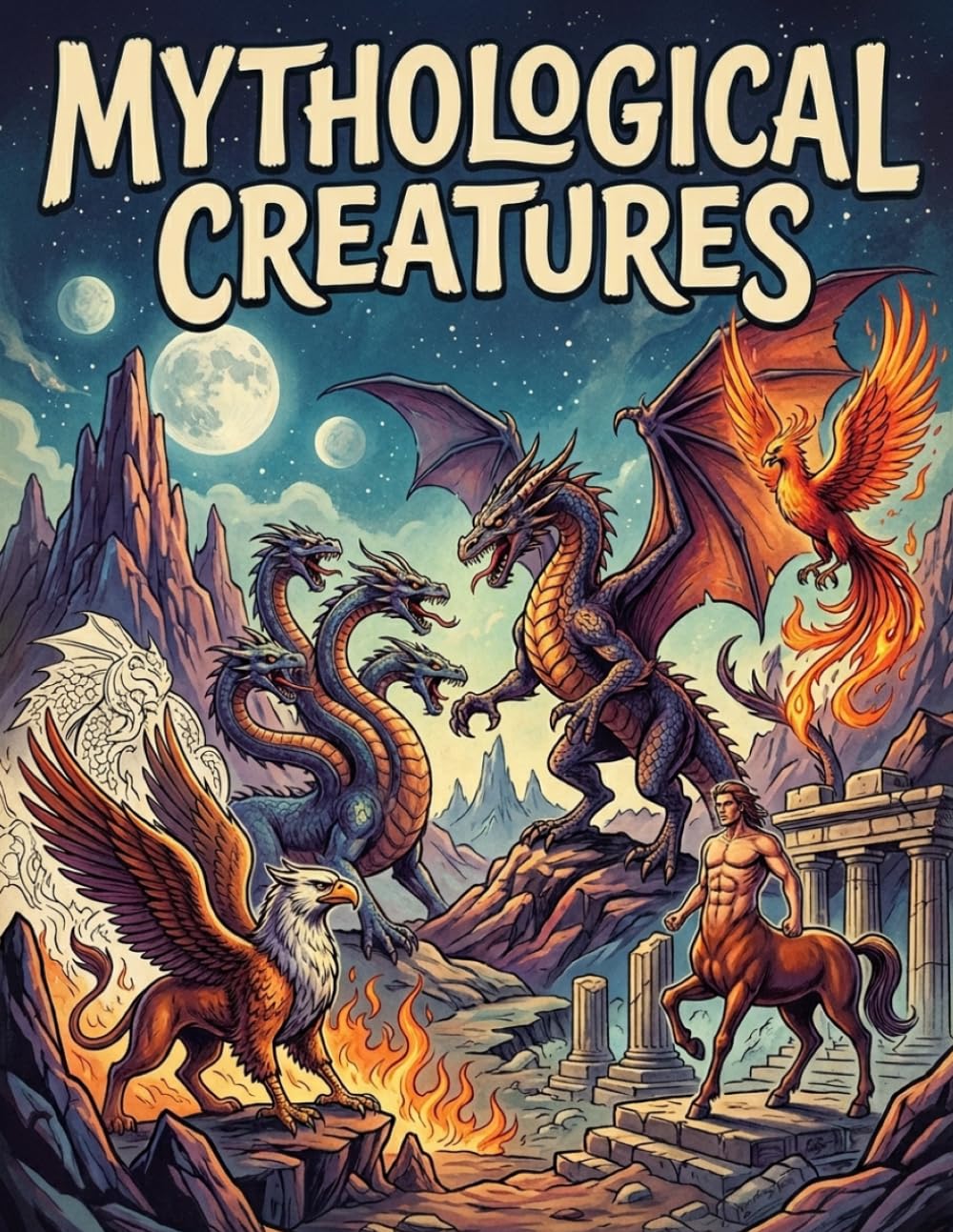 Mythological Creatures Coloring Book: Epic Beasts and Dark Fantasy Legends: 30 Detailed Illustrations of Dragons, Monsters, and Myths for Teens and Adults