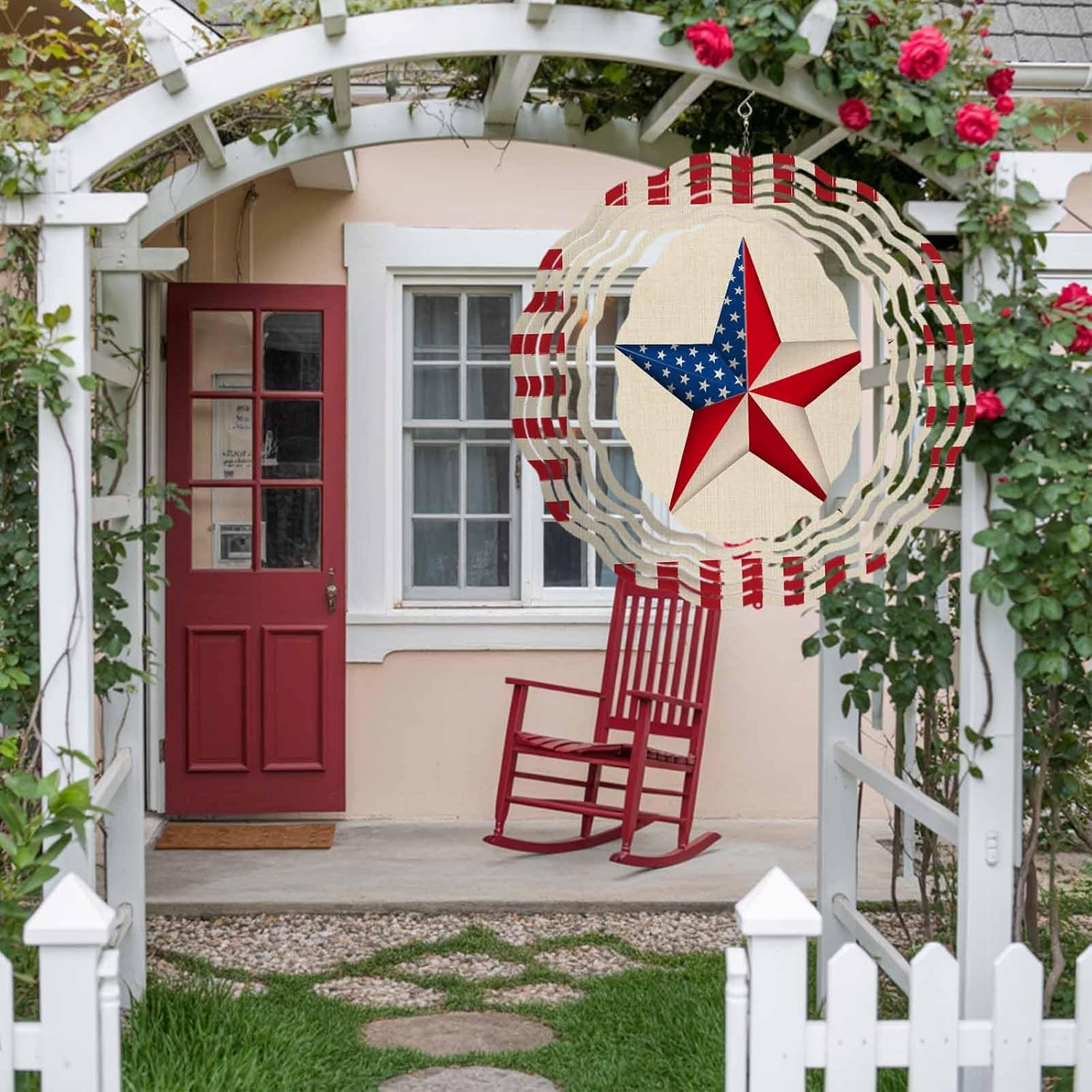 American Flag Star Independence Day Red Stripes Retro Cotton Wind Spinner for Garden Yard 3D Stainless Steel Hanging Wind Spinners, Patriotic July 4th Spinners Outdoor Metal Decor for Lawn Patio Home