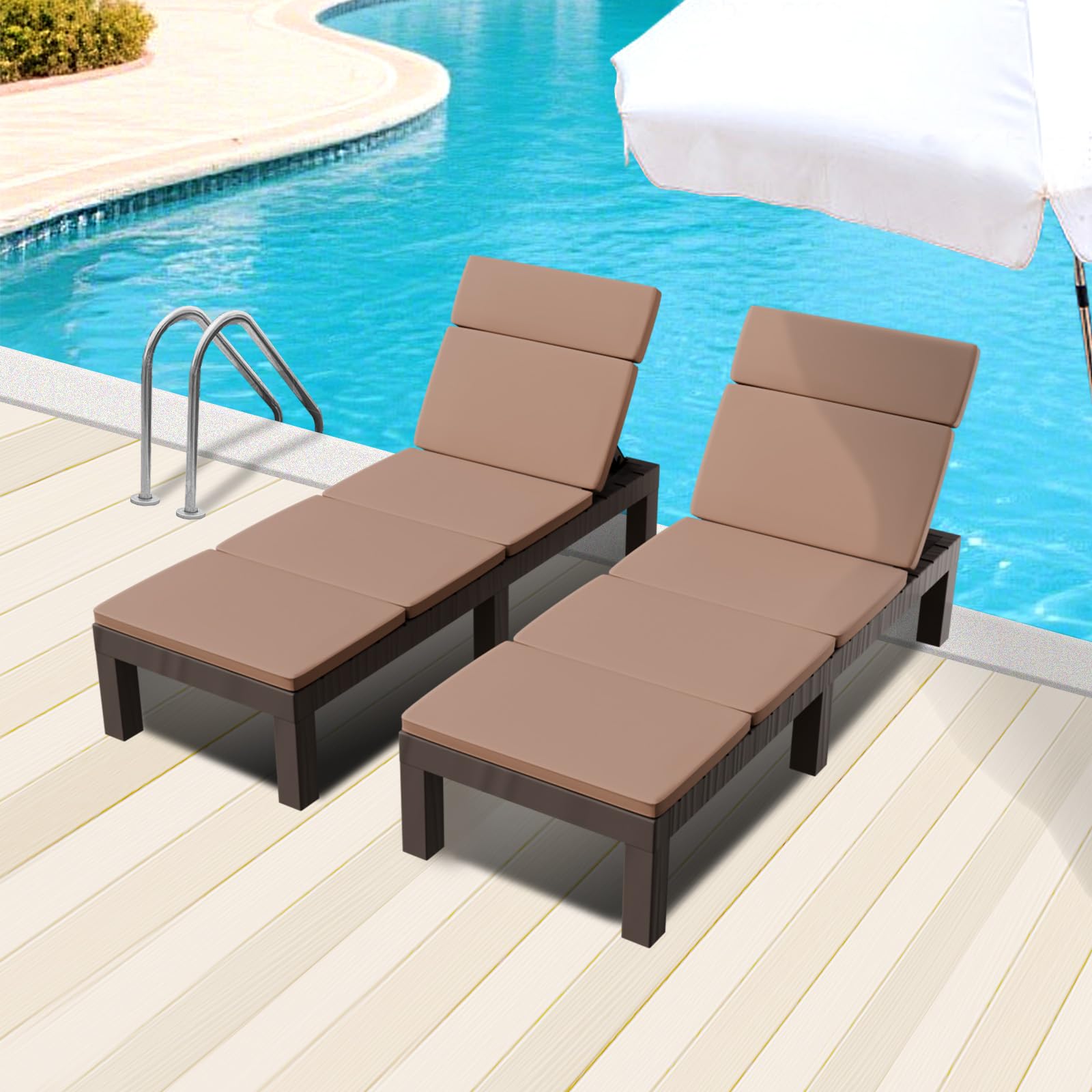 Luxirest Set di 2 Lettini Prendisole, Chaise Longue da Giardino per Esterno – Schienale Regolabile – con Cuscino – Marrone