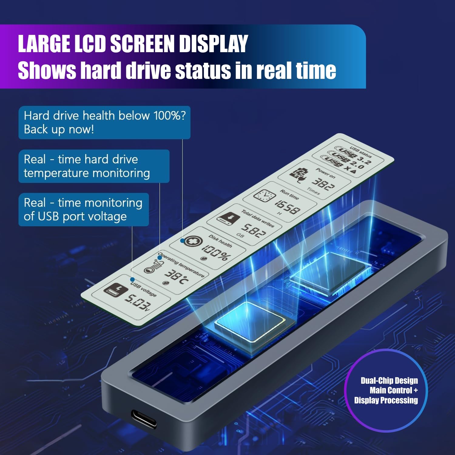 Dyazo M.2 NVMe SSD Enclosure Type C with LCD Display | USB 3.2 Gen2 10Gbps | Support NVME PCIE Size 2230/2242/2260/2280 M-Key/B+M | Support UASP & Trim (Up to 8TB) | Compatible with Windows/Mac/Linux — Amazon image 4