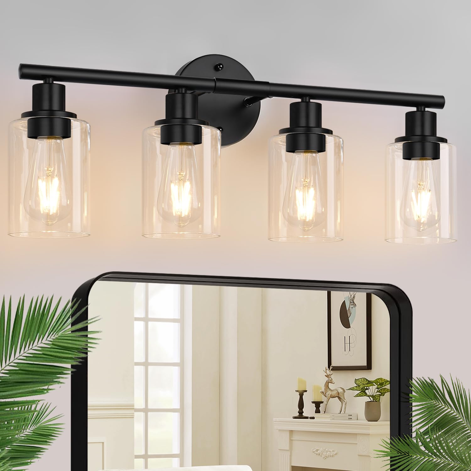 Bathroom Light Fixtures, 4 Light Wall Sconces Lighting with Clear Glass Shade, Black Bathroom Lights Over Mirror, Wall Sconces for Bathroom, Mirror, Living Room, Bedroom, Hallway, E26 Base