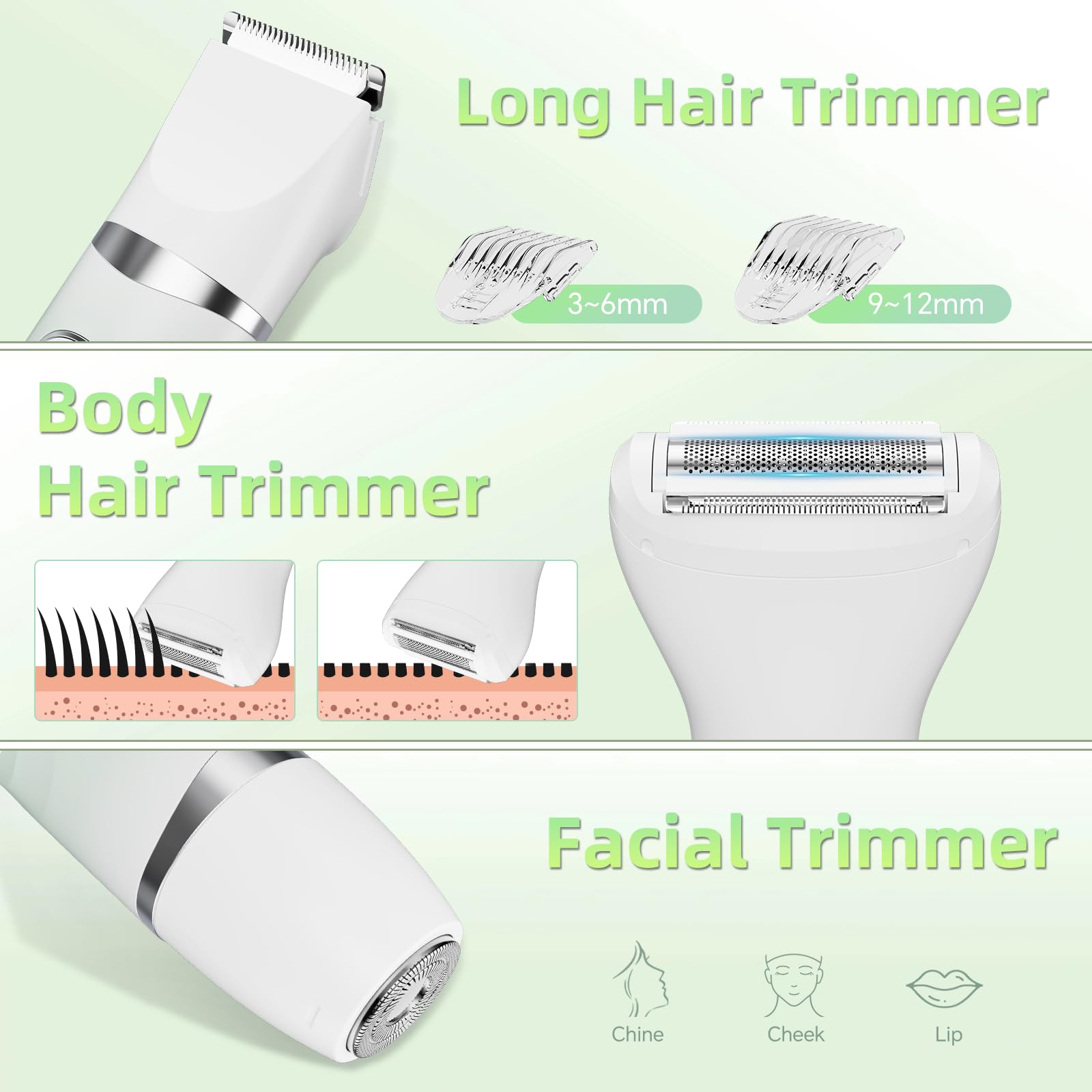 Recortadora de bikini para mujer, maquinilla de afeitar eléctrica 3 en 1 sin dolor para piel de seda, afeitadora de pelo corporal húmedo/seco para cara, nariz, cejas, brazos, axilas, piernas, zona