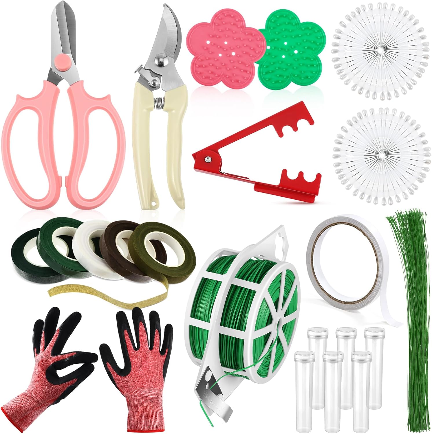 WILLBOND 121 Pcs Floral Arrangement Tool Kit, Rose Thorn Remover Pruner Trimmer Gloves 22/26 Gauge Paddle Tie Stem Pearl Corsage Pin Pruning Shears, Florist Tool Gift for Women(Bright Color)