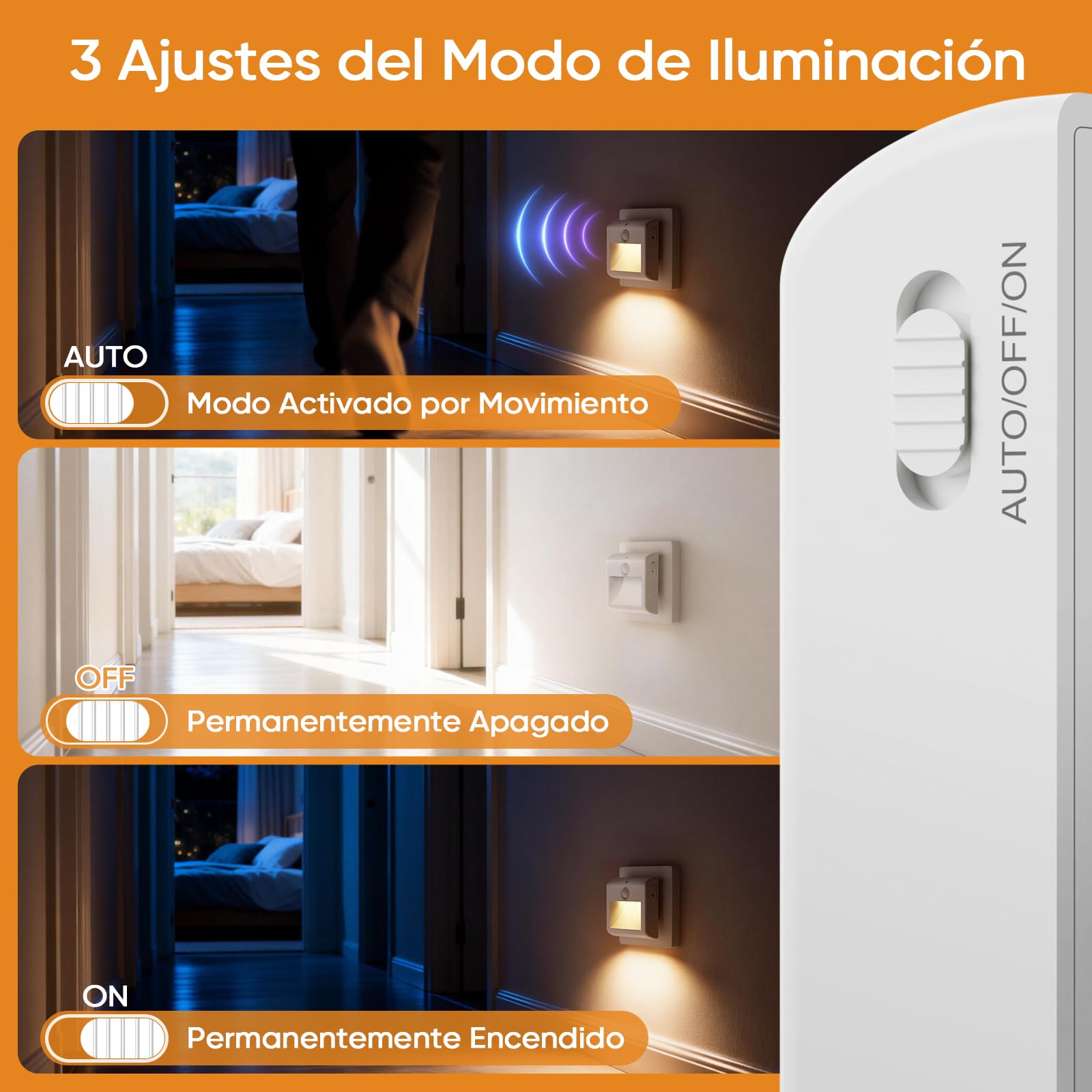 Suright Luz Nocturna con Sensor de Movimiento [2 Piezas], Luz Noche Infantil, Blanca Cálida, 3 Modos(ON/Auto/OFF), Regulable, LED Bebe Lámpara para Niños Habitación, Pasillo, Escaleras, Cocina